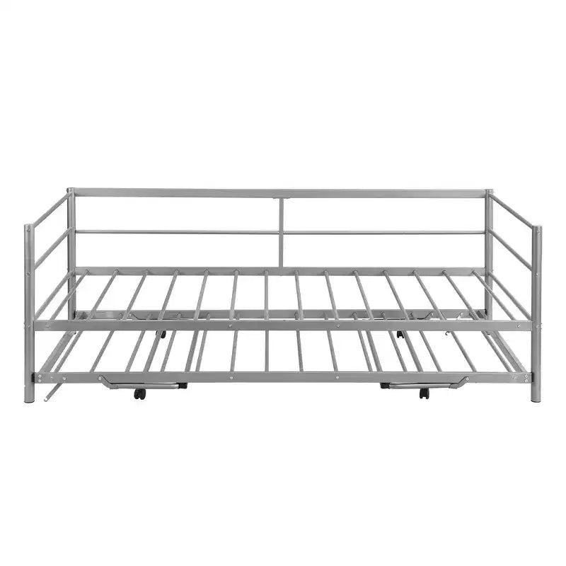 Bellemave Silver Twin Daybed Metal Day Bed Frame with Pop Up Trundle, Metal Sofa Bed with Adjustable Folding Trundle for Bedroom, Living RoomWhite