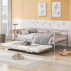 Bellemave Silver Twin Daybed Metal Day Bed Frame with Pop Up Trundle, Metal Sofa Bed with Adjustable Folding Trundle for Bedroom, Living RoomWhite