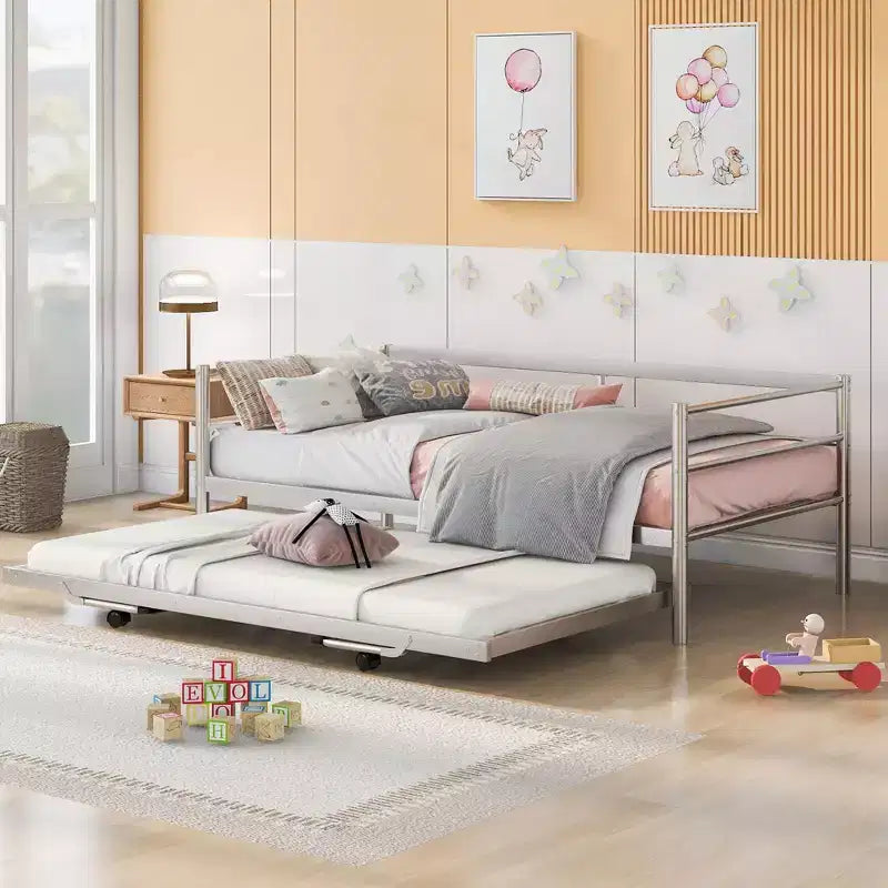 Bellemave Silver Twin Daybed Metal Day Bed Frame with Pop Up Trundle, Metal Sofa Bed with Adjustable Folding Trundle for Bedroom, Living RoomWhite