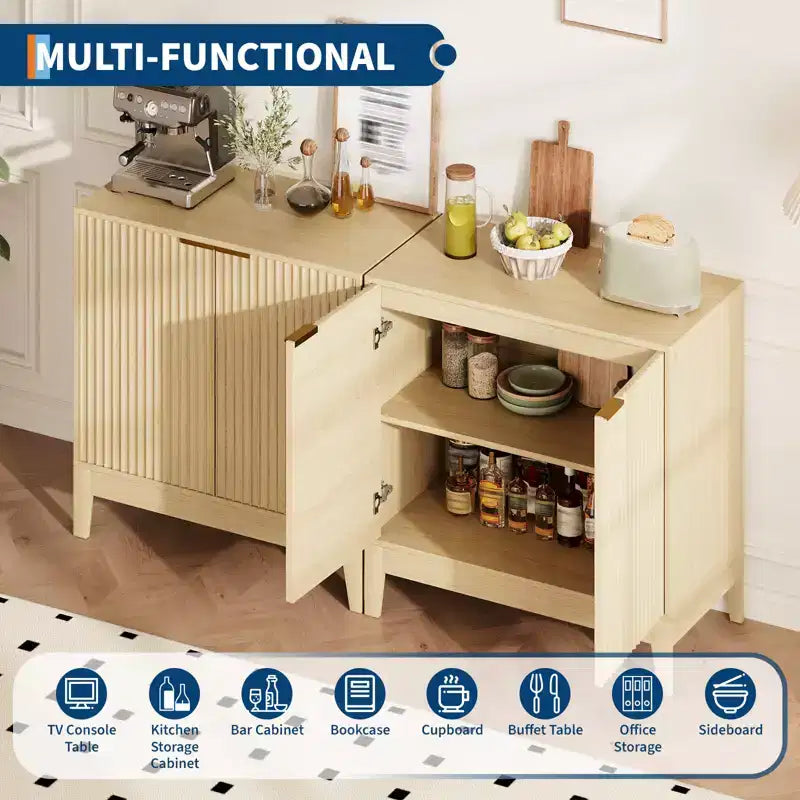 COZONY 32 Fluted Cabinet with 2 Doors & Adjustable Shelves, Mid Century Modern Sideboard Buffet Storage