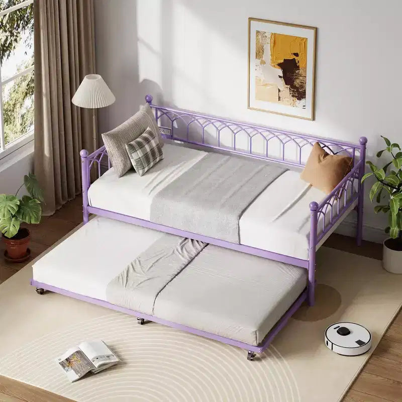 Twin Daybed with Trundle, Day Bed with Charging Station & LED Lights, Metal Sofa Bed Frame with Pull Out Trundle for Living Room, Bedroom, Apartment