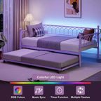 Twin Daybed with Trundle, Day Bed with Charging Station & LED Lights, Metal Sofa Bed Frame with Pull Out Trundle for Living Room, Bedroom, Apartment