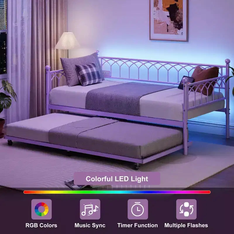 Twin Daybed with Trundle, Day Bed with Charging Station & LED Lights, Metal Sofa Bed Frame with Pull Out Trundle for Living Room, Bedroom, Apartment