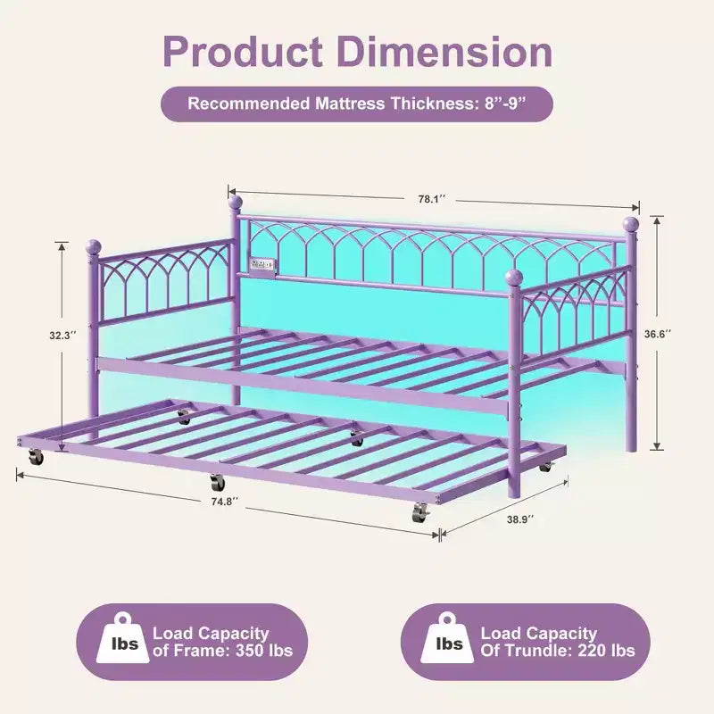Twin Daybed with Trundle, Day Bed with Charging Station & LED Lights, Metal Sofa Bed Frame with Pull Out Trundle for Living Room, Bedroom, Apartment