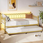 Twin Daybed with Trundle, Day Bed with Charging Station & LED Lights, Metal Sofa Bed Frame with Pull Out Trundle for Living Room, Bedroom, Apartment