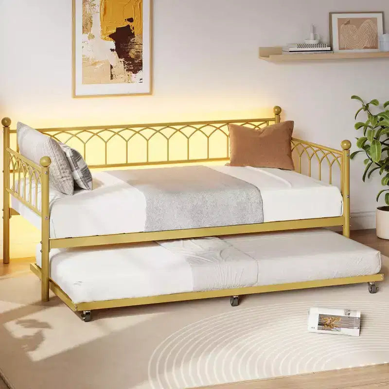 Twin Daybed with Trundle, Day Bed with Charging Station & LED Lights, Metal Sofa Bed Frame with Pull Out Trundle for Living Room, Bedroom, Apartment