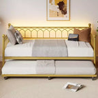 Twin Daybed with Trundle, Day Bed with Charging Station & LED Lights, Metal Sofa Bed Frame with Pull Out Trundle for Living Room, Bedroom, Apartment