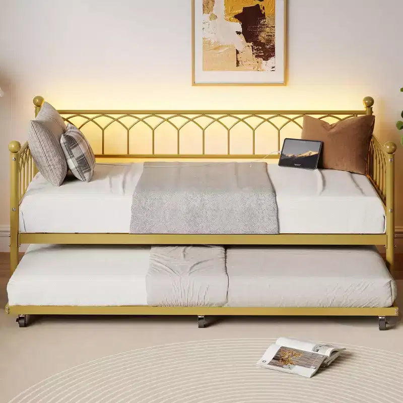 Twin Daybed with Trundle, Day Bed with Charging Station & LED Lights, Metal Sofa Bed Frame with Pull Out Trundle for Living Room, Bedroom, Apartment