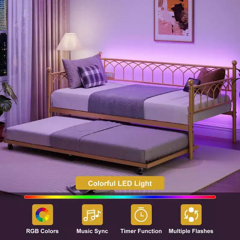 Twin Daybed with Trundle, Day Bed with Charging Station & LED Lights, Metal Sofa Bed Frame with Pull Out Trundle for Living Room, Bedroom, Apartment