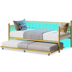 Twin Daybed with Trundle, Day Bed with Charging Station & LED Lights, Metal Sofa Bed Frame with Pull Out Trundle for Living Room, Bedroom, Apartment