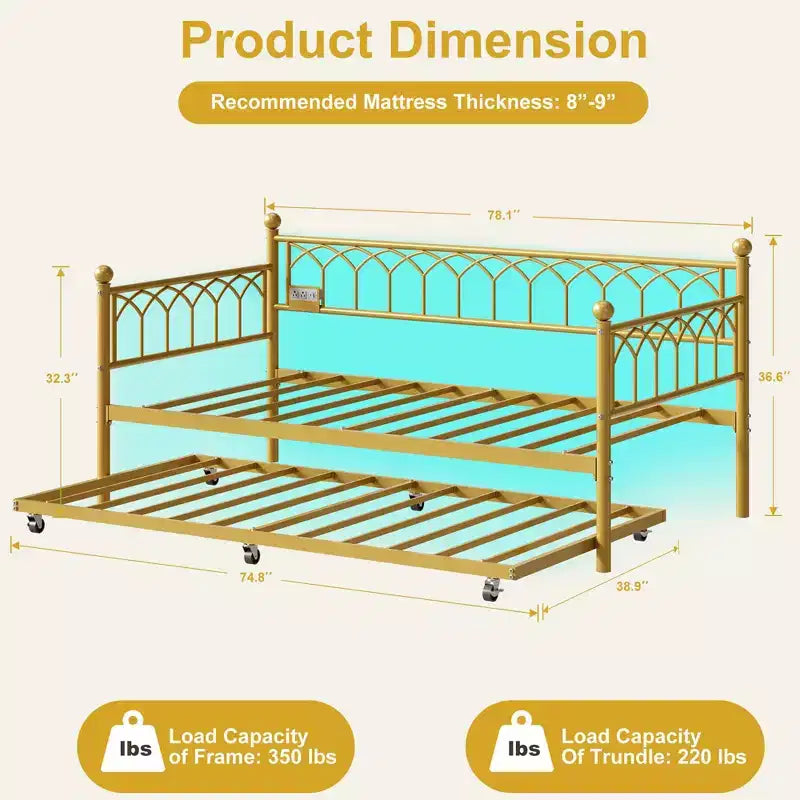 Twin Daybed with Trundle, Day Bed with Charging Station & LED Lights, Metal Sofa Bed Frame with Pull Out Trundle for Living Room, Bedroom, Apartment