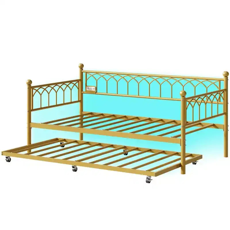 Twin Daybed with Trundle, Day Bed with Charging Station & LED Lights, Metal Sofa Bed Frame with Pull Out Trundle for Living Room, Bedroom, Apartment
