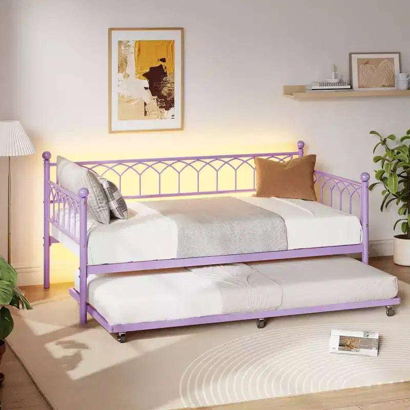 Twin Daybed with Trundle, Day Bed with Charging Station & LED Lights, Metal Sofa Bed Frame with Pull Out Trundle for Living Room, Bedroom, Apartment