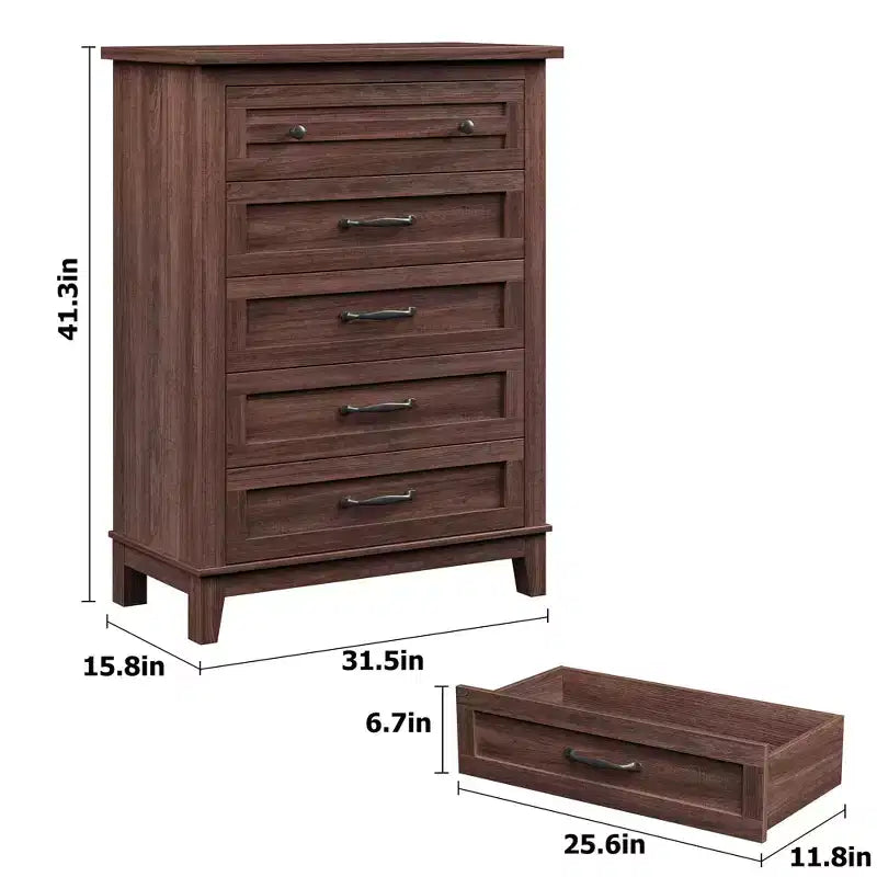 5 Drawer Dresser, 41.3 Tall Ultra-Deep Drawer Dresser, Wooden Closet Storage Chest for Living Room, Bedroom, Entryway