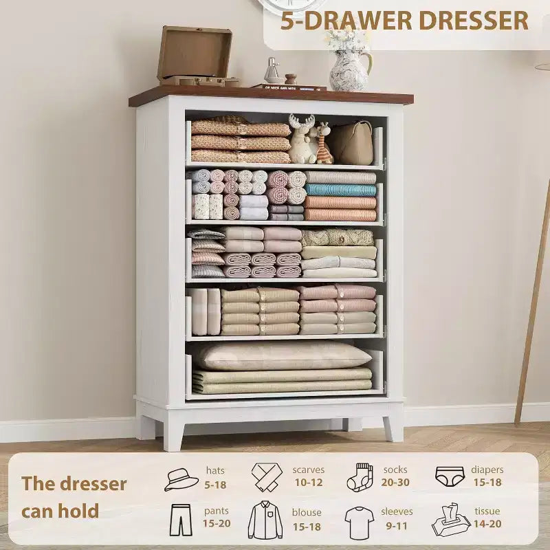 5 Drawer Dresser, 41.3 Tall Ultra-Deep Drawer Dresser, Wooden Closet Storage Chest for Living Room, Bedroom, Entryway