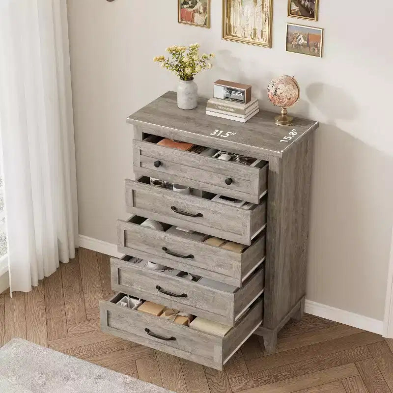 5 Drawer Dresser, 41.3 Tall Ultra-Deep Drawer Dresser, Wooden Closet Storage Chest for Living Room, Bedroom, Entryway