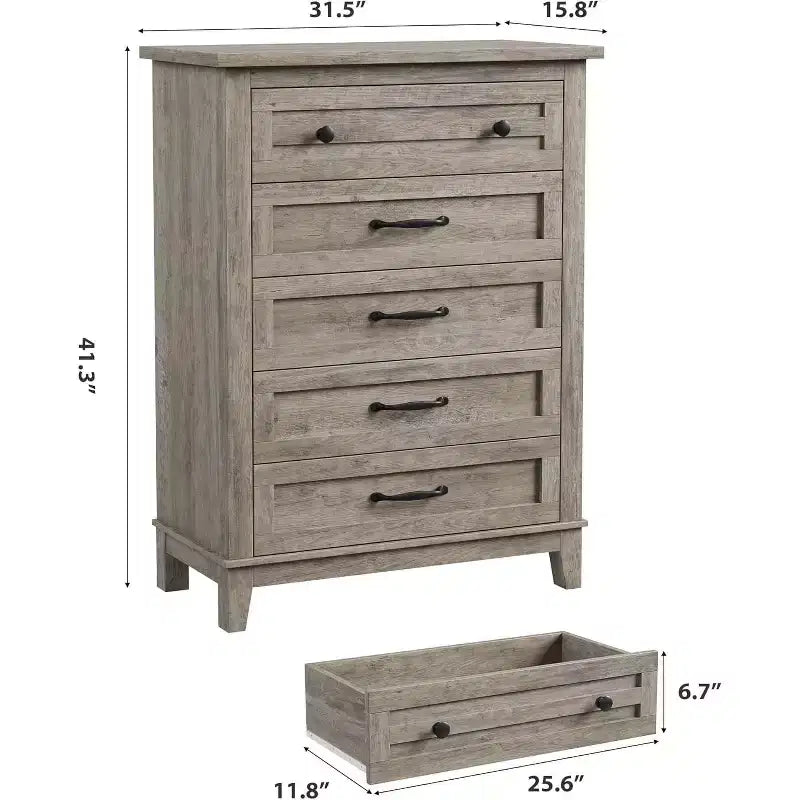 5 Drawer Dresser, 41.3 Tall Ultra-Deep Drawer Dresser, Wooden Closet Storage Chest for Living Room, Bedroom, Entryway