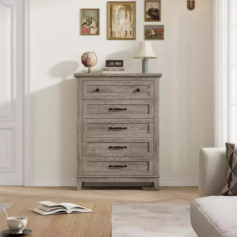 5 Drawer Dresser, 41.3 Tall Ultra-Deep Drawer Dresser, Wooden Closet Storage Chest for Living Room, Bedroom, Entryway