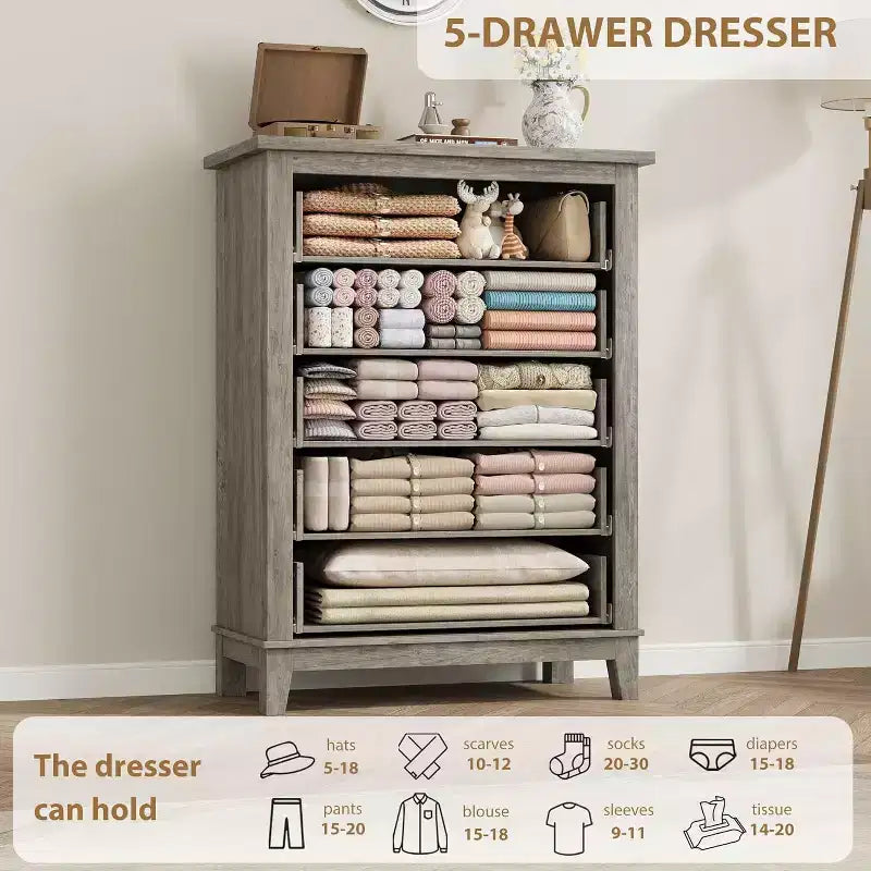 5 Drawer Dresser, 41.3 Tall Ultra-Deep Drawer Dresser, Wooden Closet Storage Chest for Living Room, Bedroom, Entryway