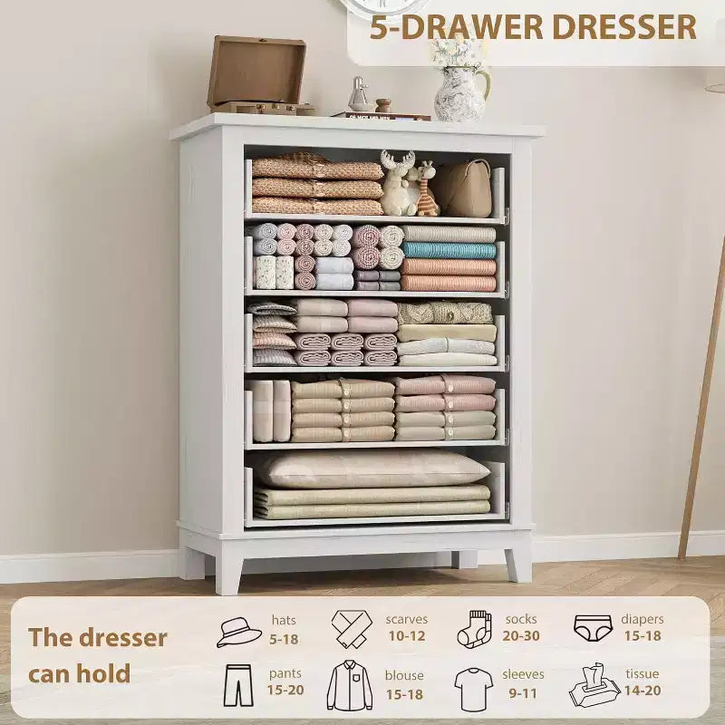5 Drawer Dresser, 41.3 Tall Ultra-Deep Drawer Dresser, Wooden Closet Storage Chest for Living Room, Bedroom, Entryway