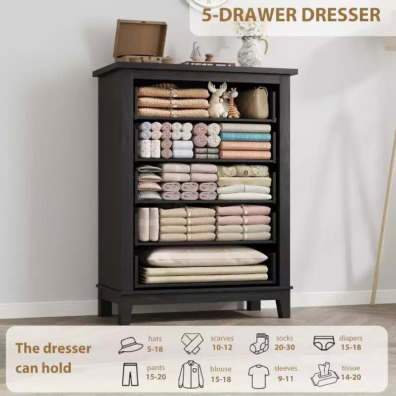 5 Drawer Dresser, 41.3 Tall Ultra-Deep Drawer Dresser, Wooden Closet Storage Chest for Living Room, Bedroom, Entryway