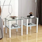Set of 2 Glass Tea Tables - Two-Layer Tempered Glass with Iron Frame for Living Room and Bedroom