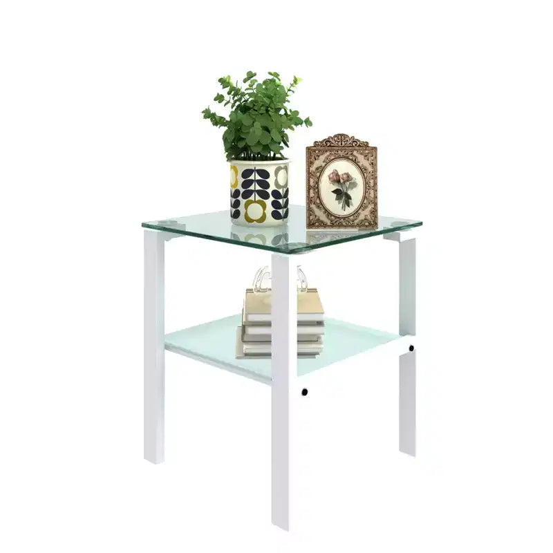 Set of 2 Glass Tea Tables - Two-Layer Tempered Glass with Iron Frame for Living Room and Bedroom