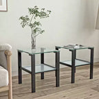Set of 2 Glass Tea Tables - Two-Layer Tempered Glass with Iron Frame for Living Room and Bedroom