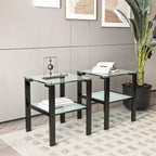 Set of 2 Glass Tea Tables - Two-Layer Tempered Glass with Iron Frame for Living Room and Bedroom