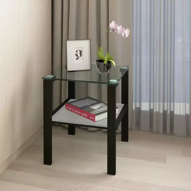 Set of 2 Glass Tea Tables - Two-Layer Tempered Glass with Iron Frame for Living Room and Bedroom