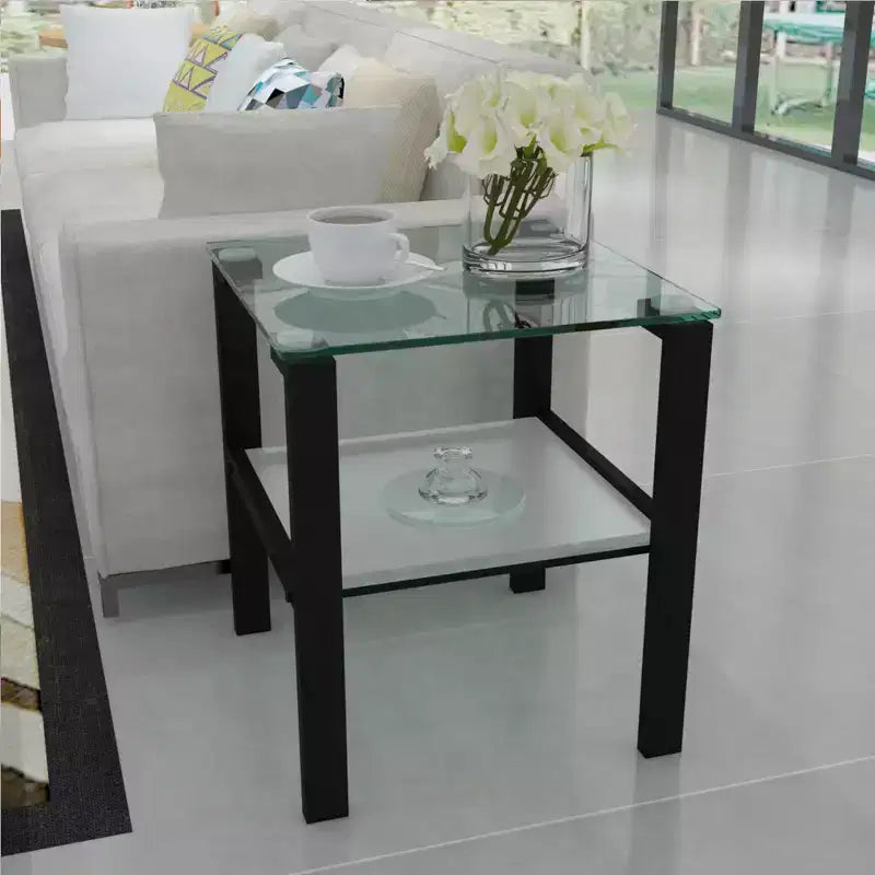 Set of 2 Glass Tea Tables - Two-Layer Tempered Glass with Iron Frame for Living Room and Bedroom