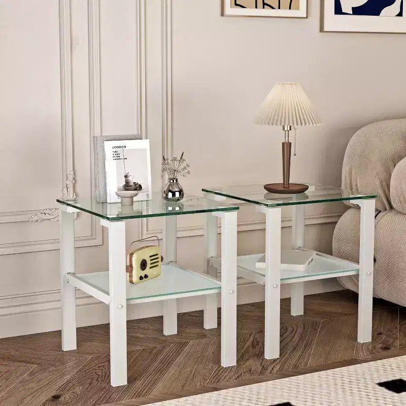 Set of 2 Glass Tea Tables - Two-Layer Tempered Glass with Iron Frame for Living Room and Bedroom
