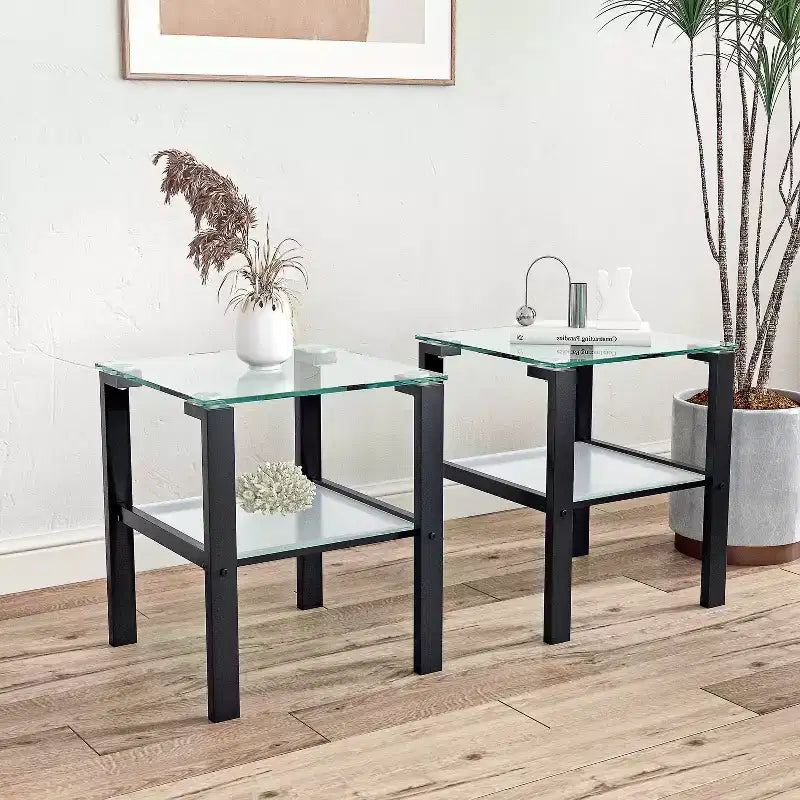 Set of 2 Glass Tea Tables - Two-Layer Tempered Glass with Iron Frame for Living Room and Bedroom