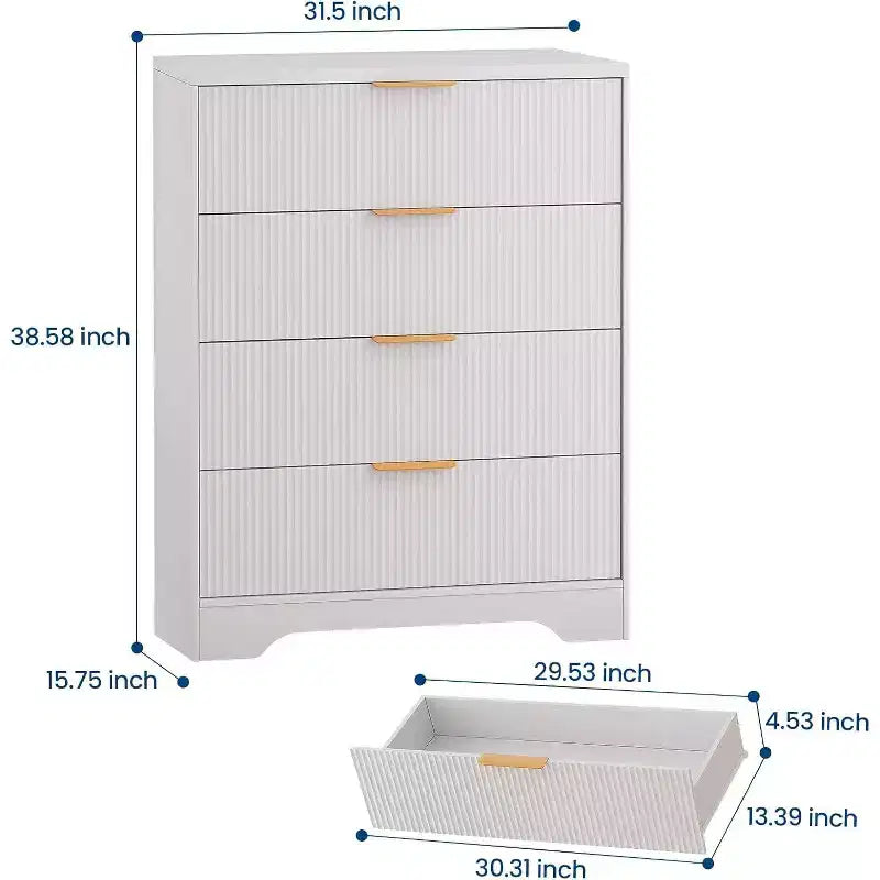 Commode cannelée à 4 tiroirs, chiffonnier de 98 cm de haut avec poignées en métal doré pour chambre à coucher, salon et couloir