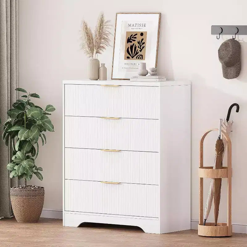 Commode cannelée à 4 tiroirs, chiffonnier de 98 cm de haut avec poignées en métal doré pour chambre à coucher, salon et couloir