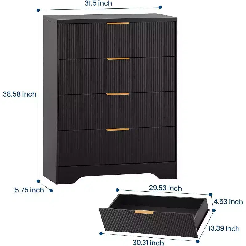 Commode cannelée à 4 tiroirs, chiffonnier de 98 cm de haut avec poignées en métal doré pour chambre à coucher, salon et couloir
