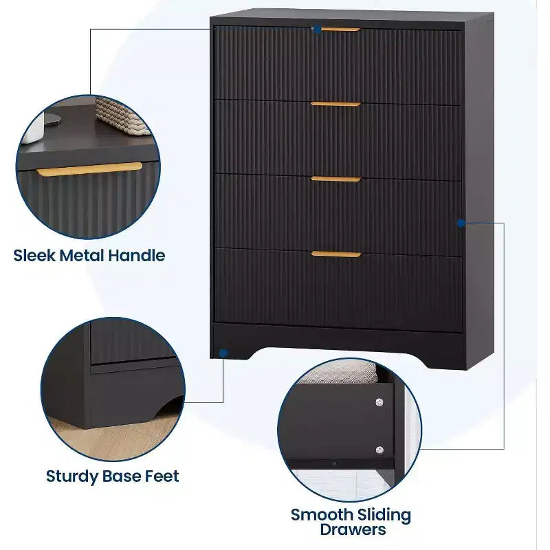 Commode cannelée à 4 tiroirs, chiffonnier de 98 cm de haut avec poignées en métal doré pour chambre à coucher, salon et couloir