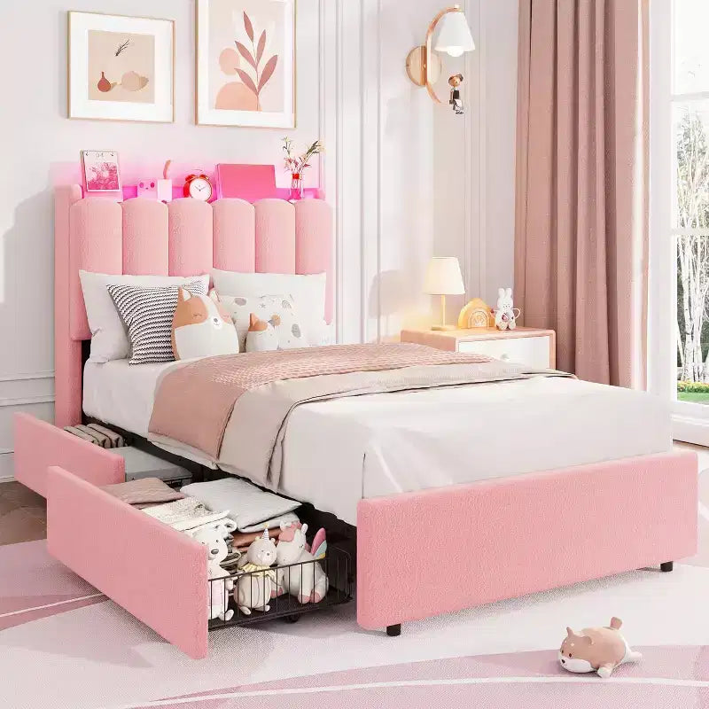COZONY Bed Frame with Storage Headboard,Upholstered Platform Bed with Drawers and Bookcase, No Box Spring Needed
