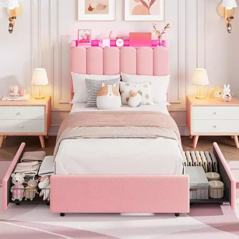 COZONY Bed Frame with Storage Headboard,Upholstered Platform Bed with Drawers and Bookcase, No Box Spring Needed