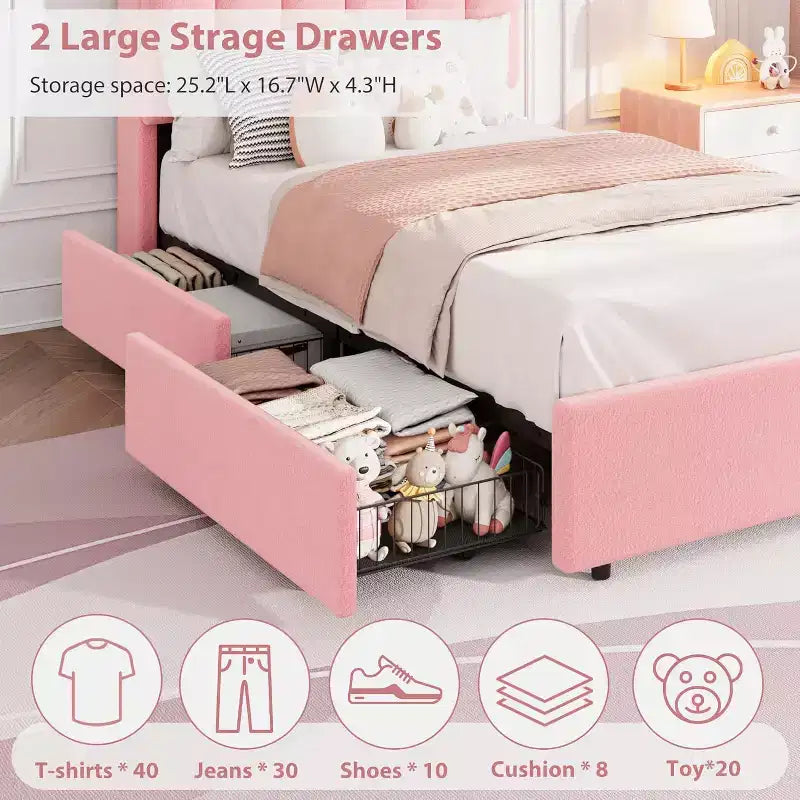 COZONY Bed Frame with Storage Headboard,Upholstered Platform Bed with Drawers and Bookcase, No Box Spring Needed