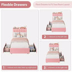 COZONY Bed Frame with Storage Headboard,Upholstered Platform Bed with Drawers and Bookcase, No Box Spring Needed