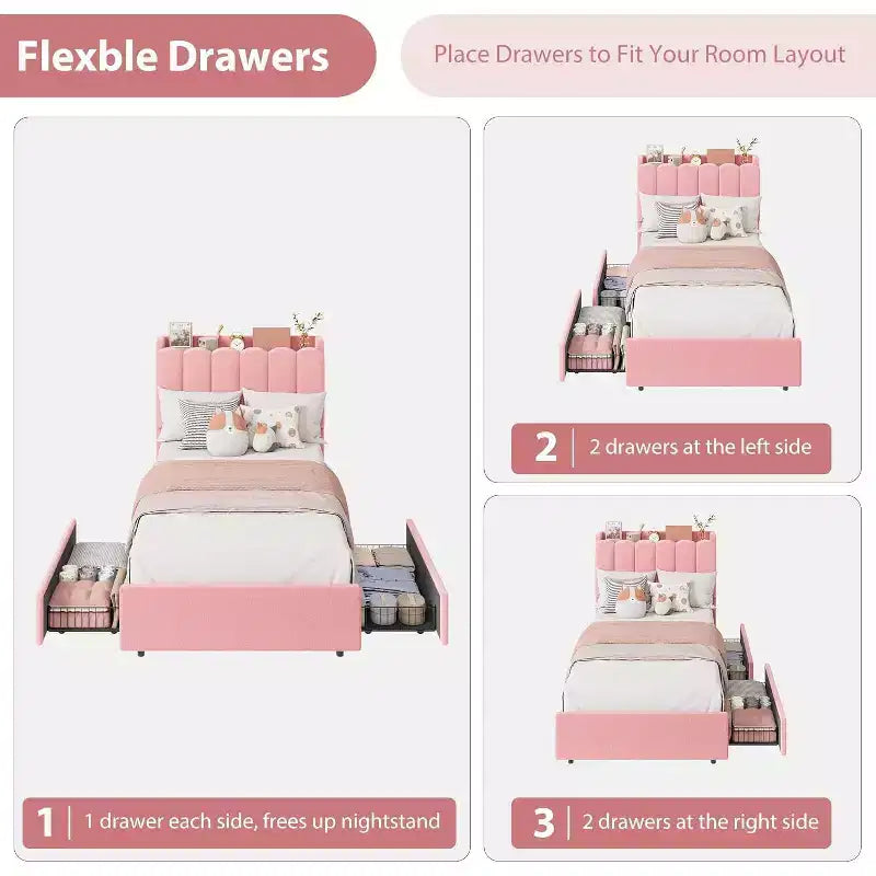 COZONY Bed Frame with Storage Headboard,Upholstered Platform Bed with Drawers and Bookcase, No Box Spring Needed