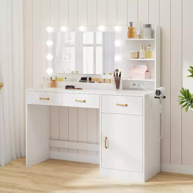 Vanity Desk with Mirror, LED Lights and Power Outlet Makeup Table with 3 Drawers and Storage Shelves Dressing Table, White.