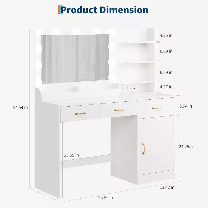 Vanity Desk with Mirror, LED Lights and Power Outlet Makeup Table with 3 Drawers and Storage Shelves Dressing Table, White.