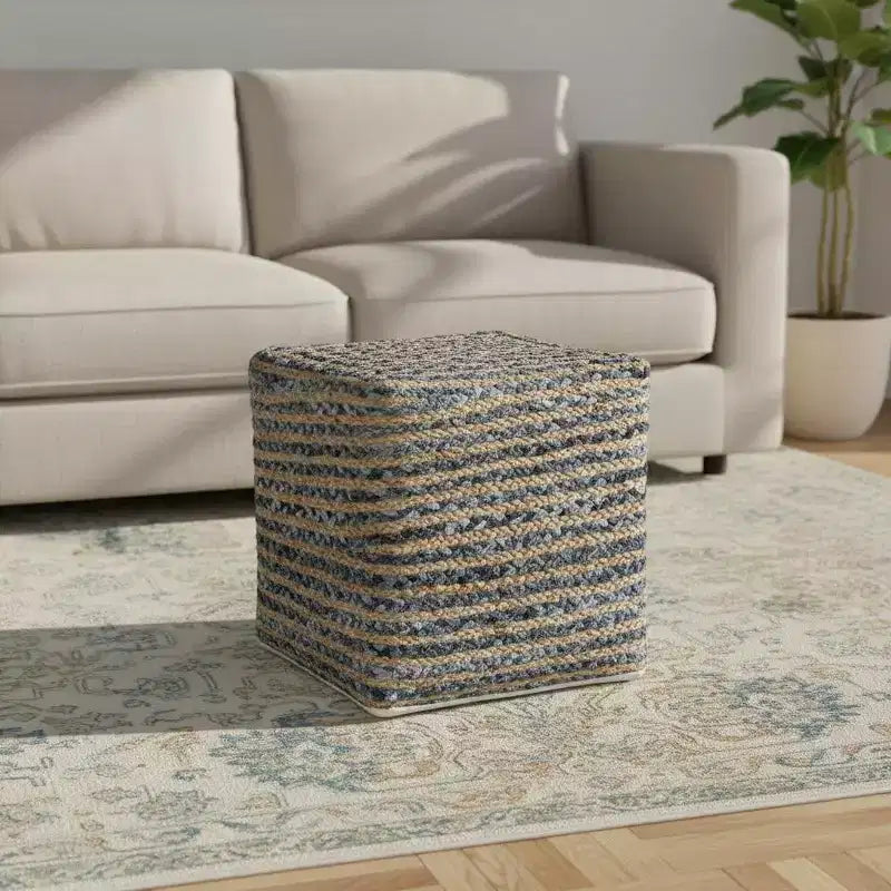 HomeRoots Pouf-Ottoman Rayé en Coton et Jute Beige et Bleu 18 po