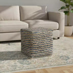 HomeRoots Pouf-Ottoman Rayé en Coton et Jute Beige et Bleu 18 po