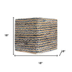 HomeRoots Pouf-Ottoman Rayé en Coton et Jute Beige et Bleu 18 po