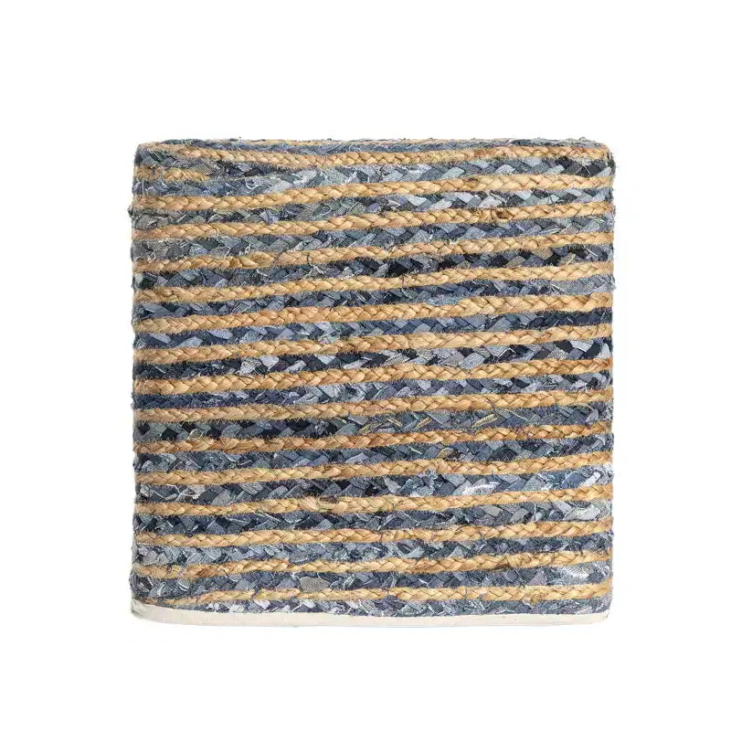 HomeRoots Pouf-Ottoman Rayé en Coton et Jute Beige et Bleu 18 po