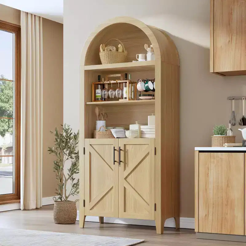 Arched Cabinet Bookshelf Black Arch Bookcase with Doors, Wooden Curved Book Case 5-Tier Tall Round Top Bookshelves for Living Room