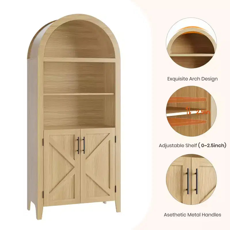 Arched Cabinet Bookshelf Black Arch Bookcase with Doors, Wooden Curved Book Case 5-Tier Tall Round Top Bookshelves for Living Room